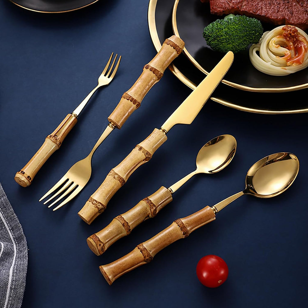 30-Piece Bamboo Flatware Set – Forks & Spoons Bamboo handle Cutlery Utensils set for home and kitchen, 18/8 Stainless Steel Gold Silverware set,Gift for mom Choice
