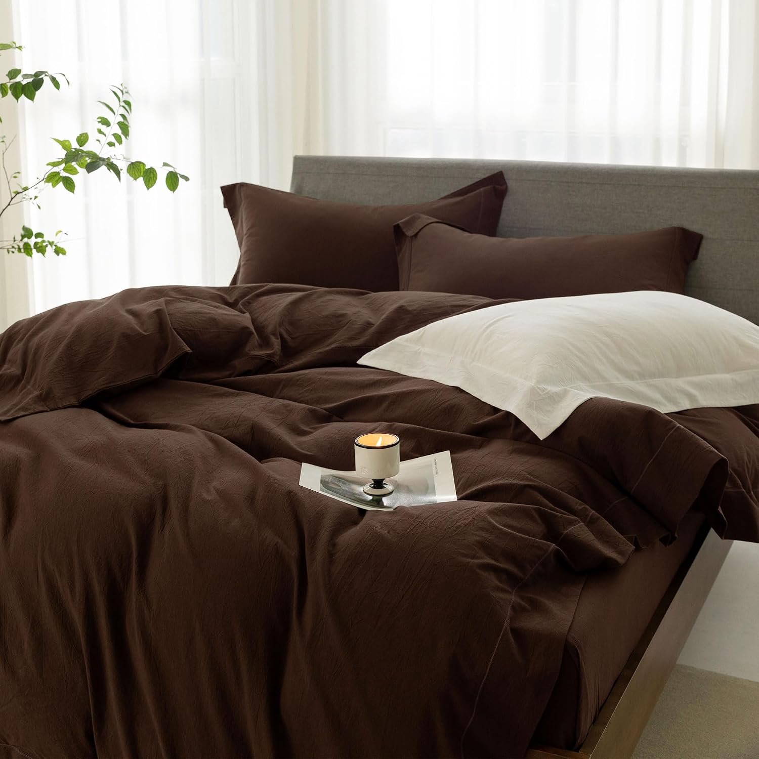 Cooling Duvet Cover Set 3 Pieces-100% Washed Cotton with Chic Wide Trim Design Linen Like Textured Ultra Soft Cozy Bedding with Zipper Closure(Hemmed Cocoa Brown,Oversized King 120'x98')
