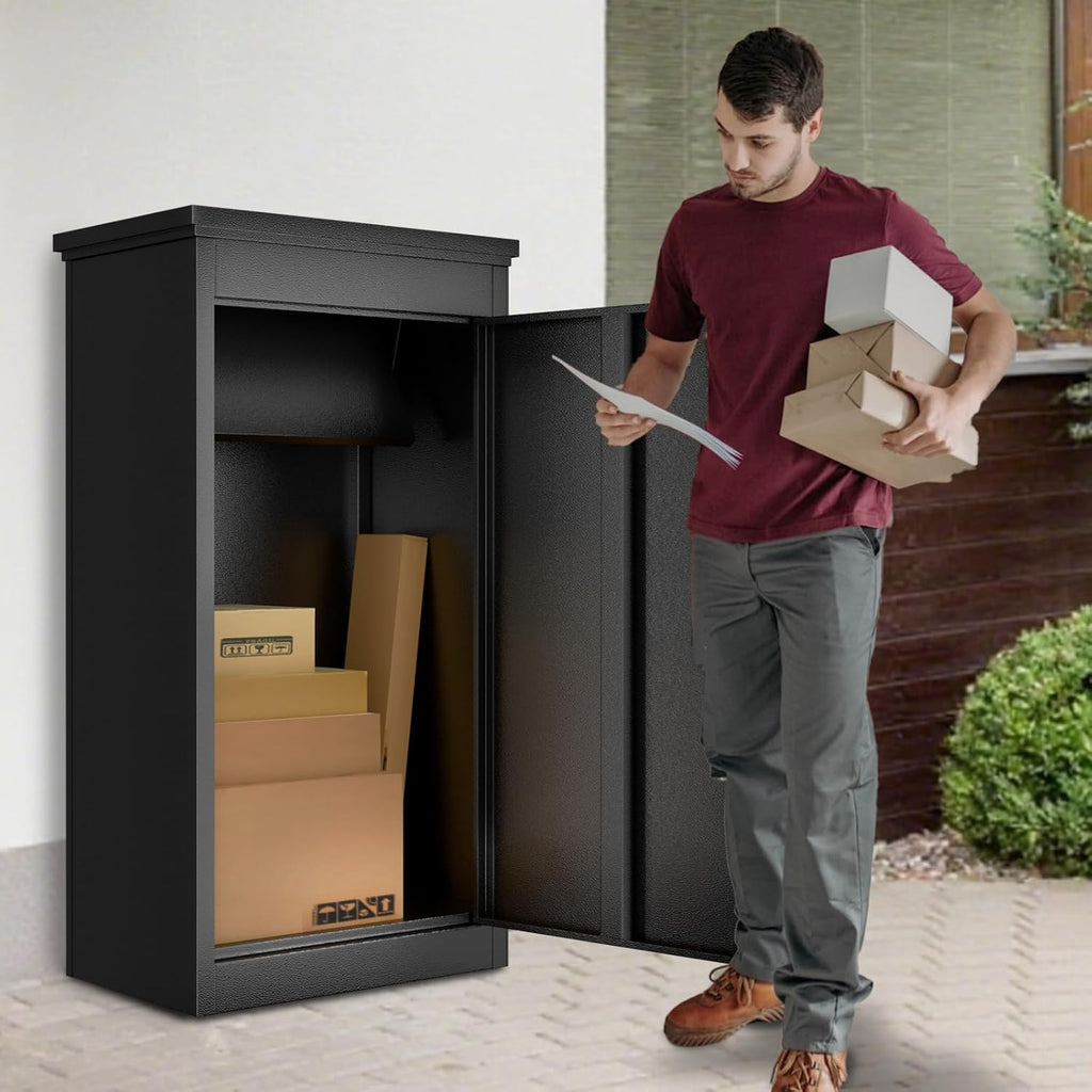 Package Delivery Box for Outside - 20.8 * 16.5 * 41.3IN Lockable Black Metal Parcel Drop Box, Anti-Theft, IPX3 Waterproof, Weather-Resistant Mailbox for Porch, Fence, Curbside (M)