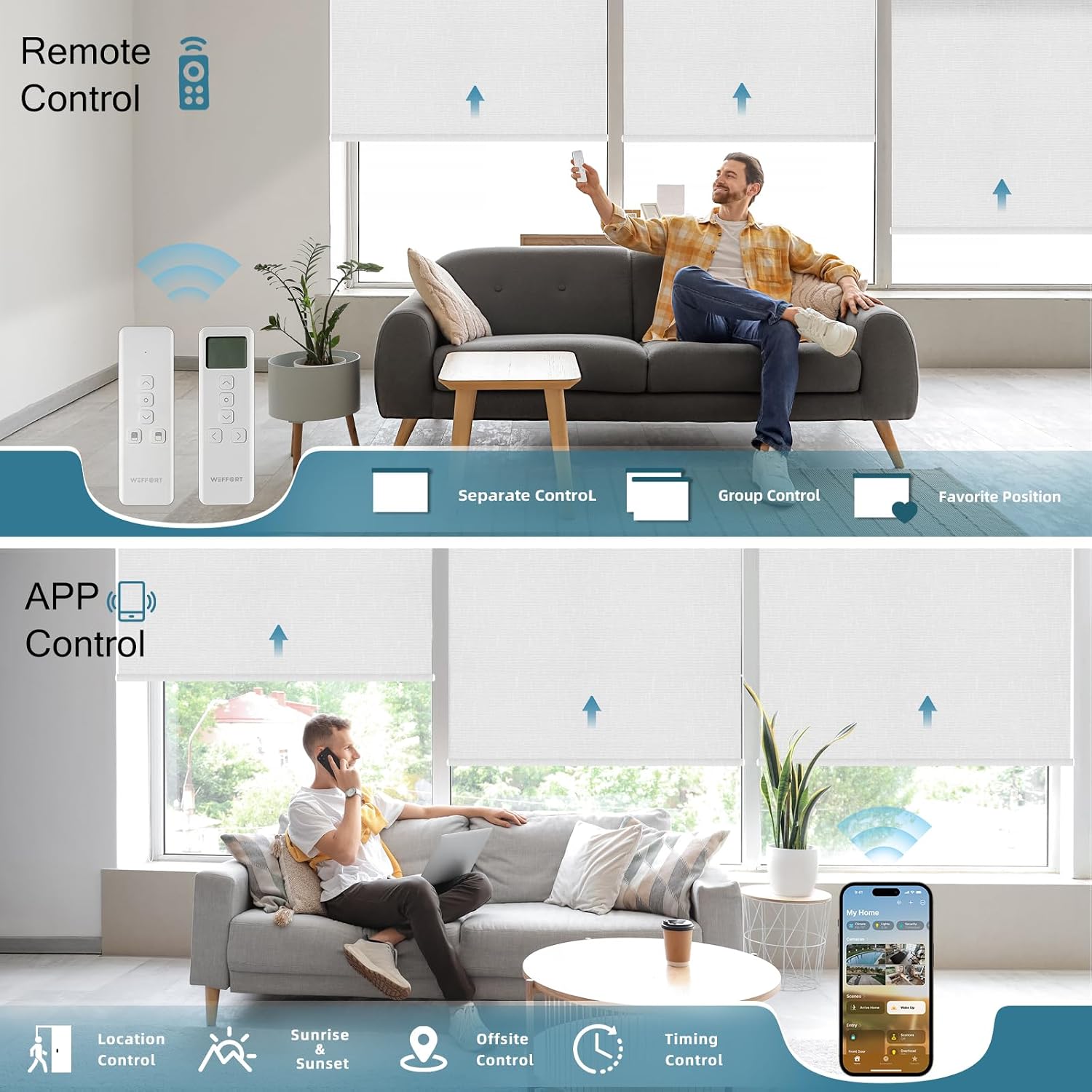 Motorized Roller Shade, 100% Blackout Smart Window Blinds Work with Homekit, Alexa, Google Home, Remote Control, Electric Blinds with USB/Solar Pannel Charging, Texture White