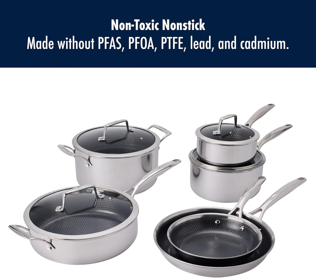 Henckels Paradigm Stainless Steel 10 pc Cookware Set, Tri-Ply Ceramic Nonstick Cookware, Non Toxic Induction Cookware Set, Metal-Utensil & Dishwasher Safe