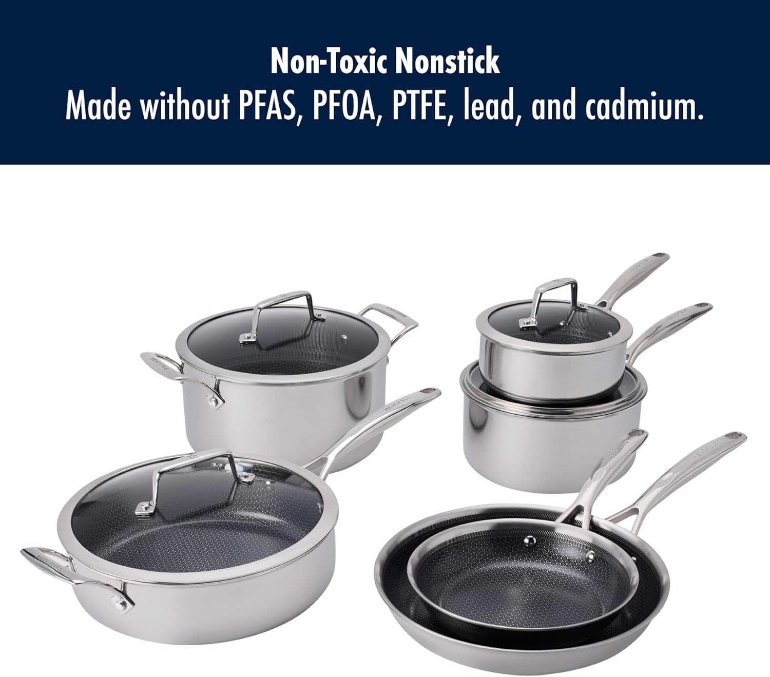 Henckels Paradigm Stainless Steel 10 pc Cookware Set, Tri-Ply Ceramic Nonstick Cookware, Non Toxic Induction Cookware Set, Metal-Utensil & Dishwasher Safe