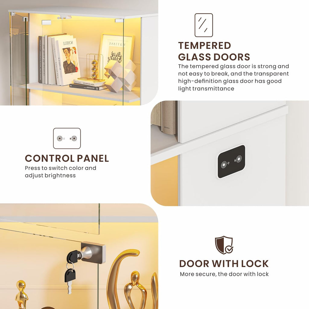HNEBC White Display Cabinet with Glass Door,Lighted 4-Tier Curio Cabinet with3 Color Lights for Collectibles Bookcases,66' Display Case with Human Body Sensor for Living Room/Game Room