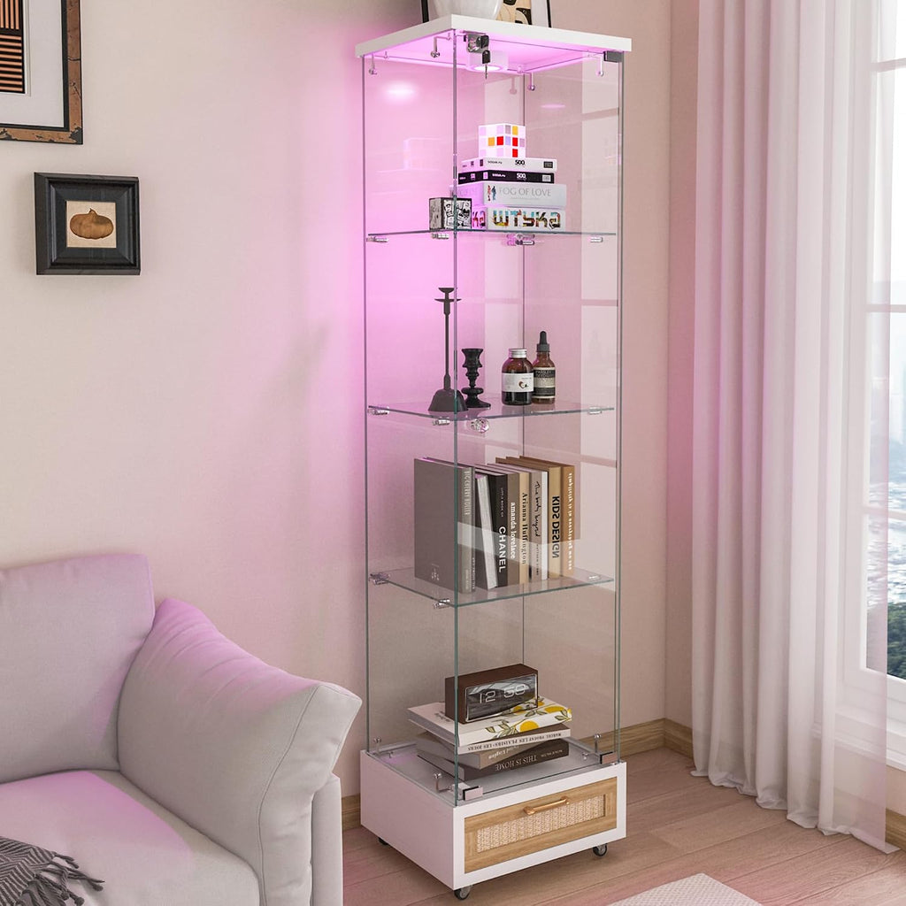 Modern Glass Display Cabinet with LED Light 4-Shelf Curio Cabinets with Rattan Drawer and Wheels,Tempered Glass Display Shelf Bookcase for Living Room Home Office