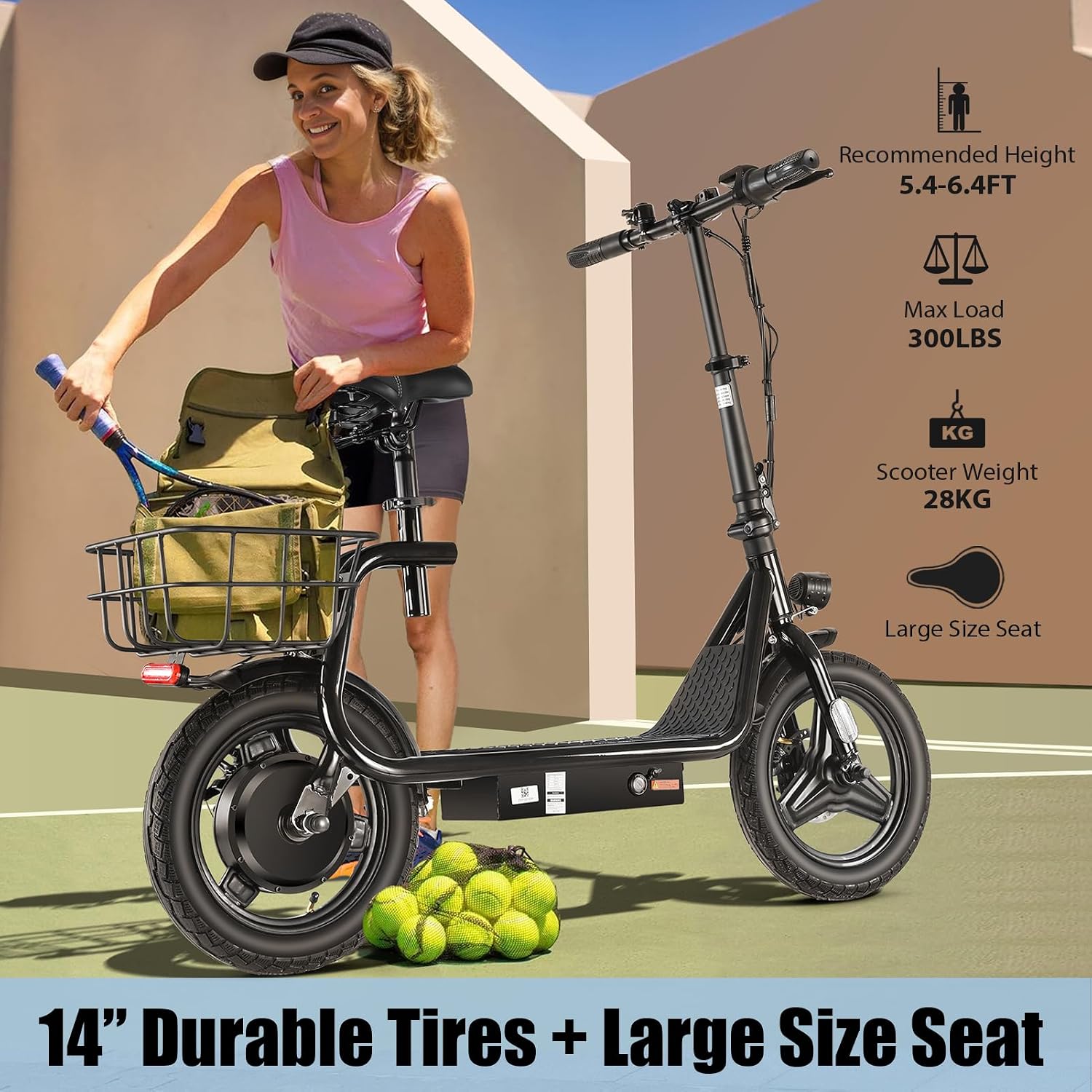 Caroma Electric Scooter with Seat for Adults, 1200W/800W Peak Motor, 30Miles Long Range & 20Mph, 14' Fat Tire Foldable E Scooter with Basket for Commuting, Grocery, Pets