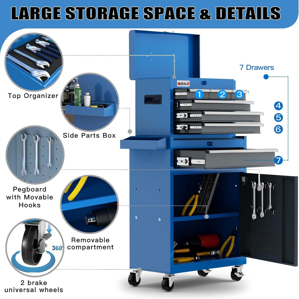 AIRAJ 7-Drawer Tool Chest with Wheels,41' Heavy Duty Rolling Tool Chest,Detachable Top Tool Box,Tool Cabinet with Liners,Hooks,Tray Divider,Rolling Tool Chest for Workshop,Warehouse