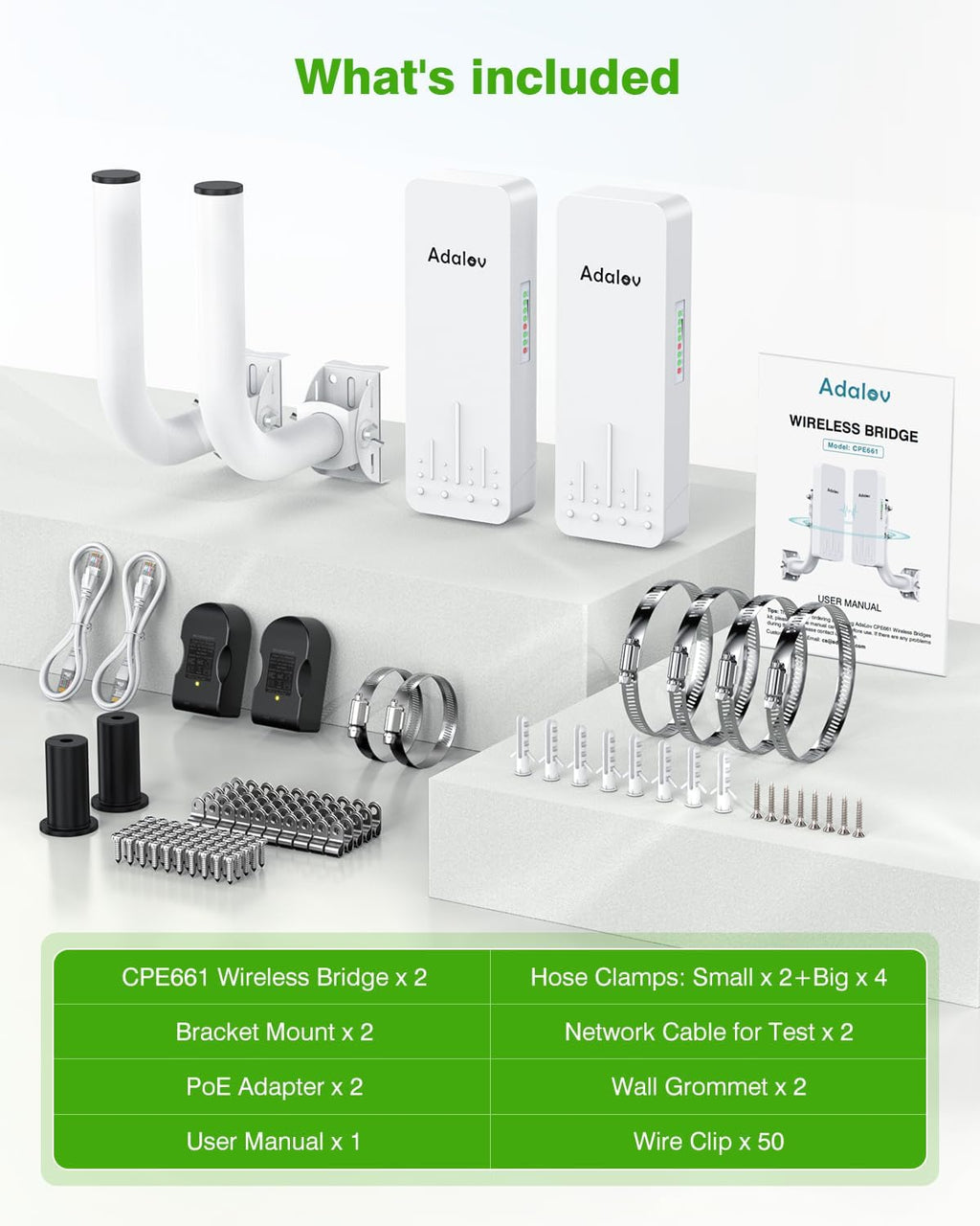 CPE661 Gigabit Wireless Bridge with Mounts, Dual WiFi Broadcasters, 3KM 5.8GHz Outdoor Point-to-Point WiFi Extender, Long Range Network Extension Compatible with Starlink, Farm, Garage, Barn