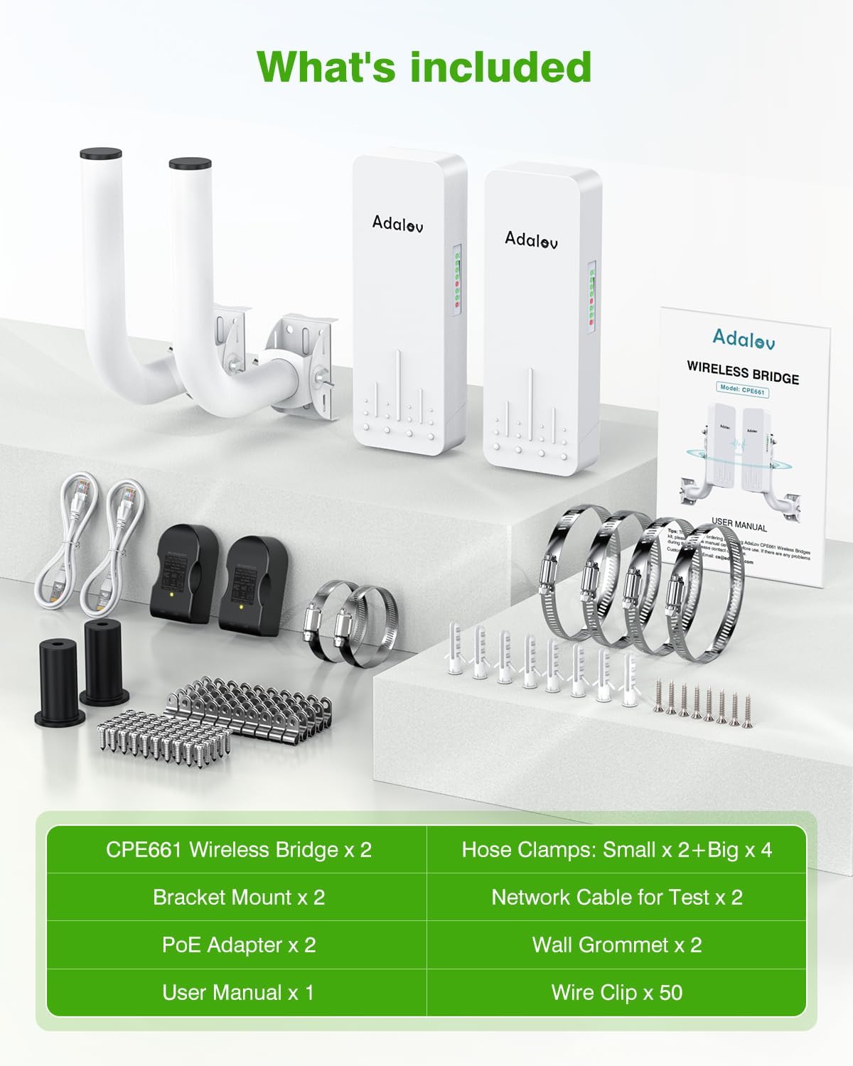 CPE661 Gigabit Wireless Bridge with Mounts, Dual WiFi Broadcasters, 3KM 5.8GHz Outdoor Point-to-Point WiFi Extender, Long Range Network Extension Compatible with Starlink, Farm, Garage, Barn