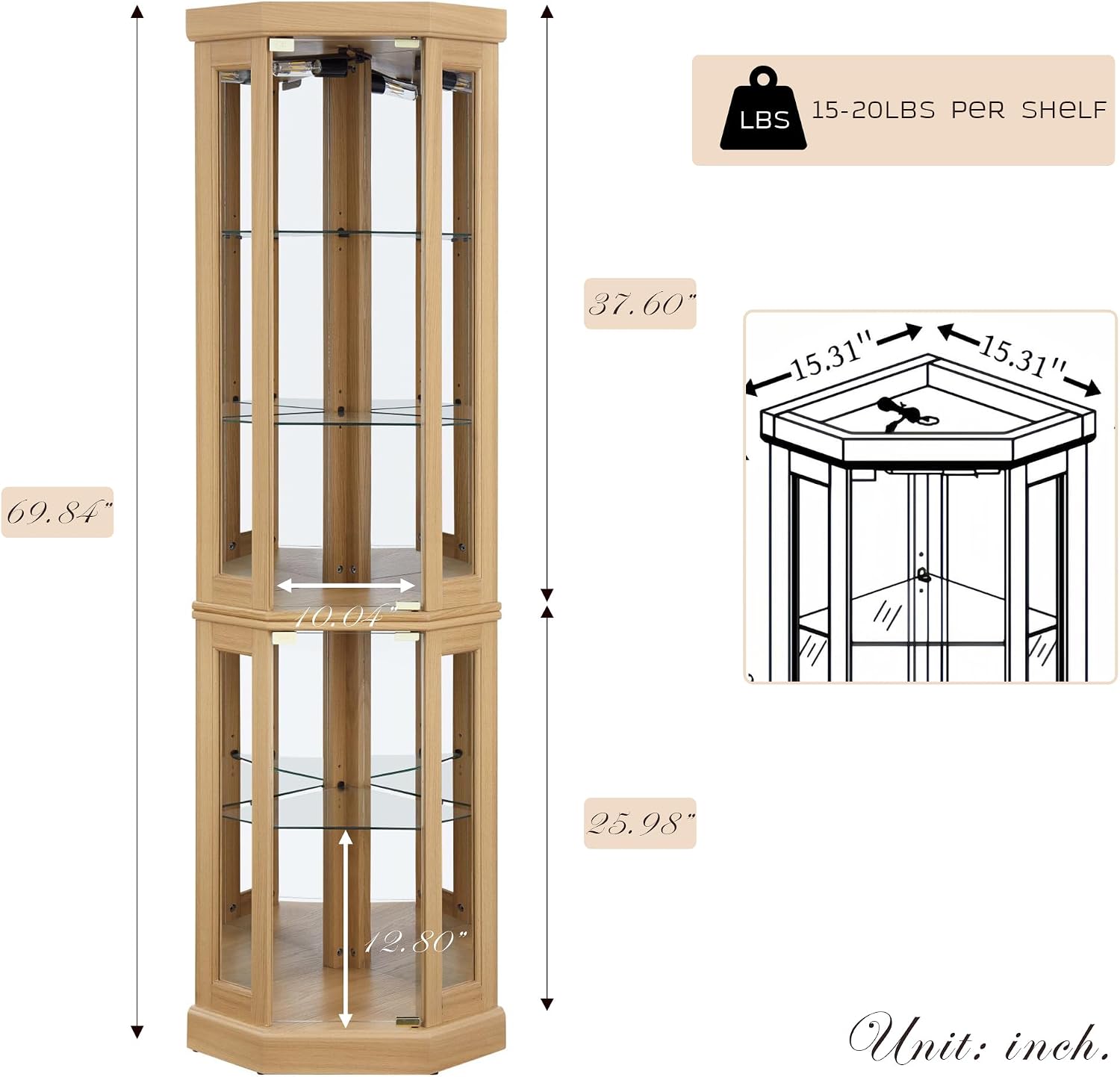 70' Lighted Corner Curio Cabinet, Wood China Display Case with Tempered Glass Doors & Adjustable Shelves, Light Bulb Included, Tall Wine Storage Rack for Bar and Liquor Storage (Light Oak)
