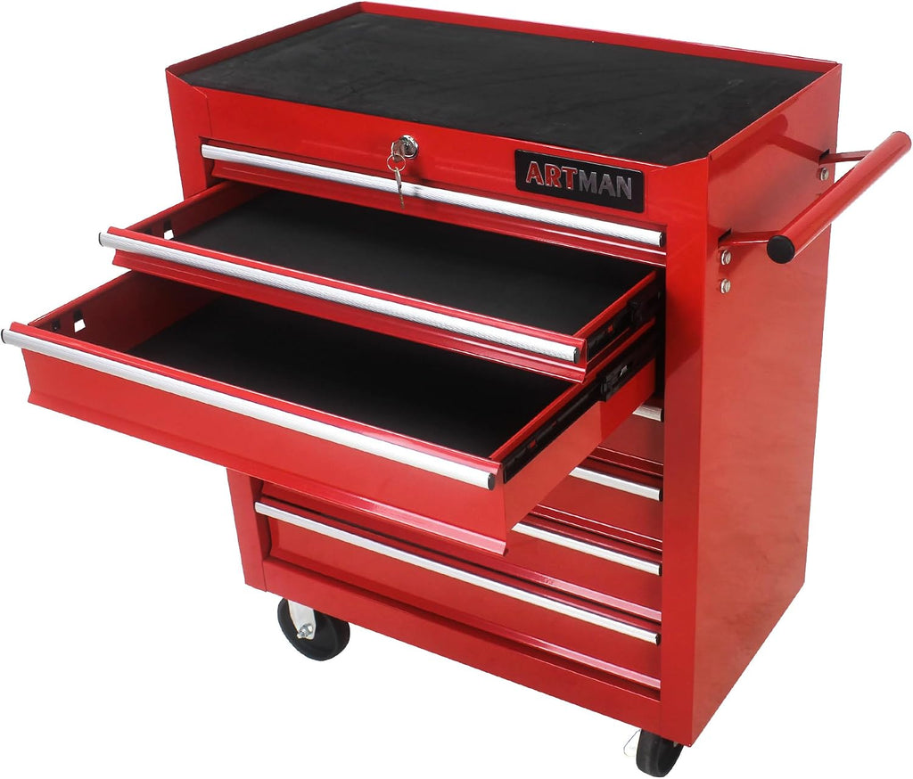 Rolling Tool Cabinet with 7 Drawers, Heavy Duty Steel Tool Cart on Wheels, Lockable Garage Tool Storage Cabinet, 300 lb Capacity, Ball-Bearing Slides, Powder-Coated Finish, Red