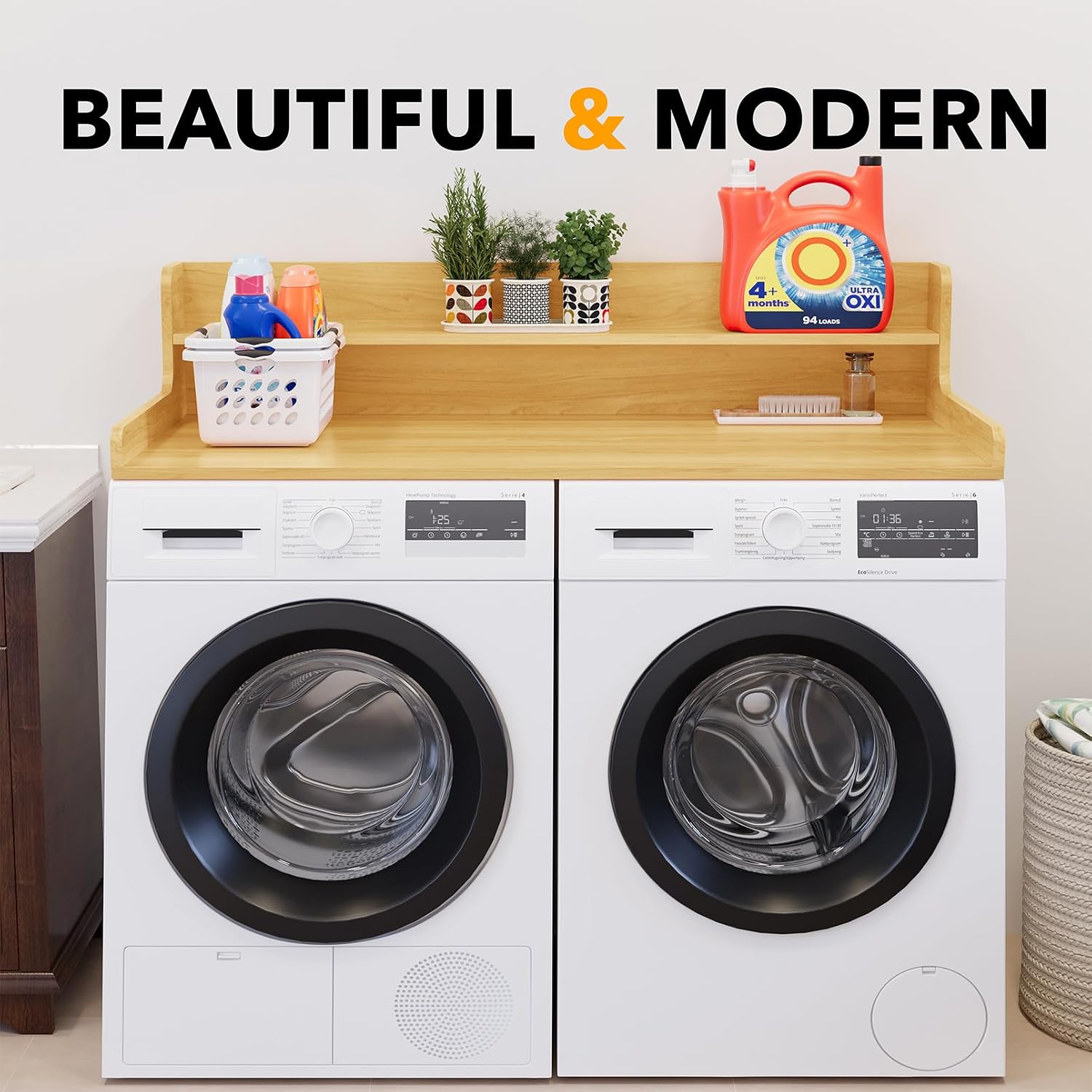 SpaceAid Washer Dryer Countertop with 2-Tier Shelf, Wood Topper with Edge, 54' Width x 27.5' Depth Cover Organizer Guard for Washer and Dryer Counter Laundry Hamper Storage (Maple Wood)