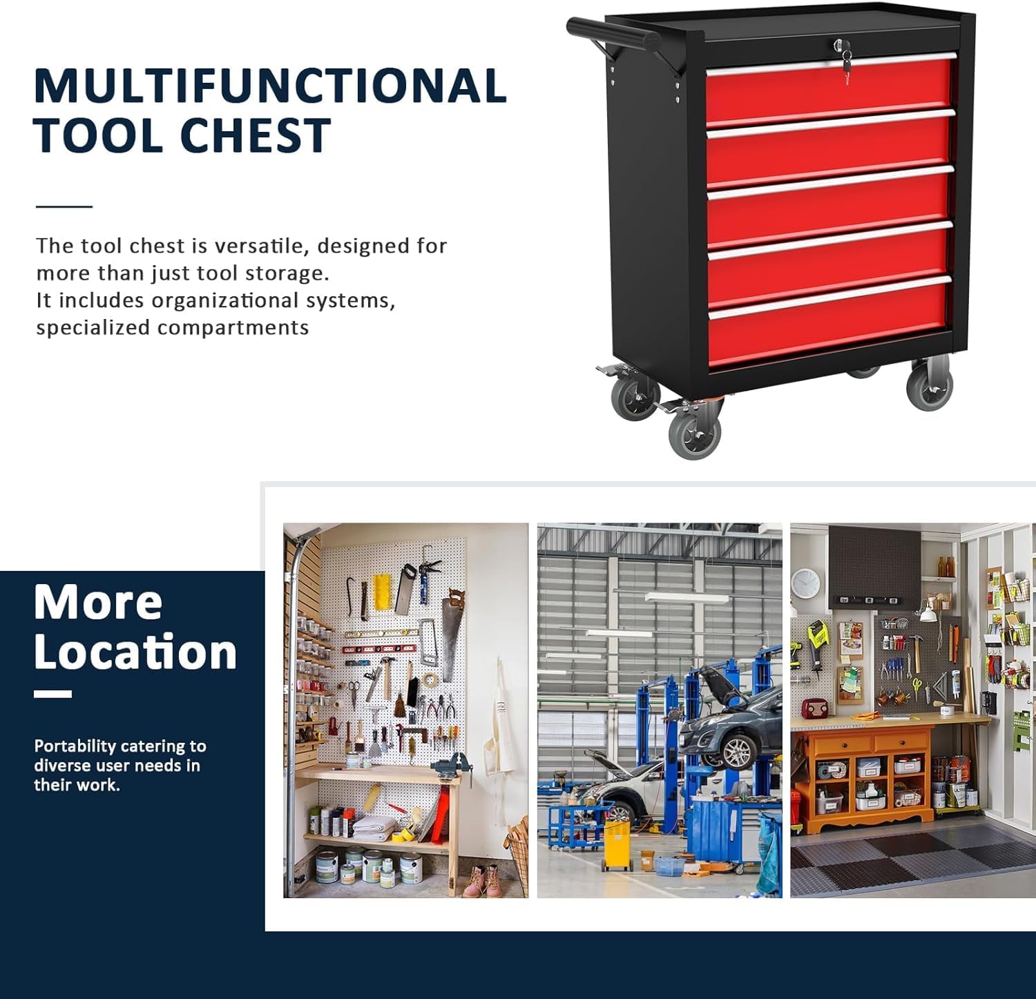 5-Drawer Metal Rolling Tool Chest with Wheels,Tool Storage Cabinet with Locking System，Toolbox with Wheels for Garage, Warehouse, Workshop, Repair Shop (Black&red, 5Drawer)