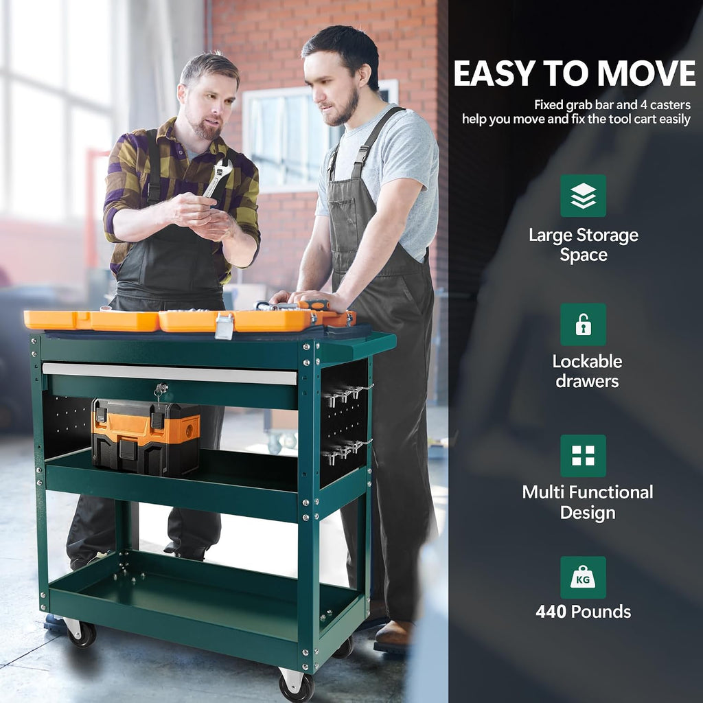 3 Tier Rolling Tool Cart, Heavy Duty Utility Cart Tool Organizer with Storage Drawer, Industrial Commercial Service Tool Cart for Mechanics, Garage, Warehouse & Repair Shop