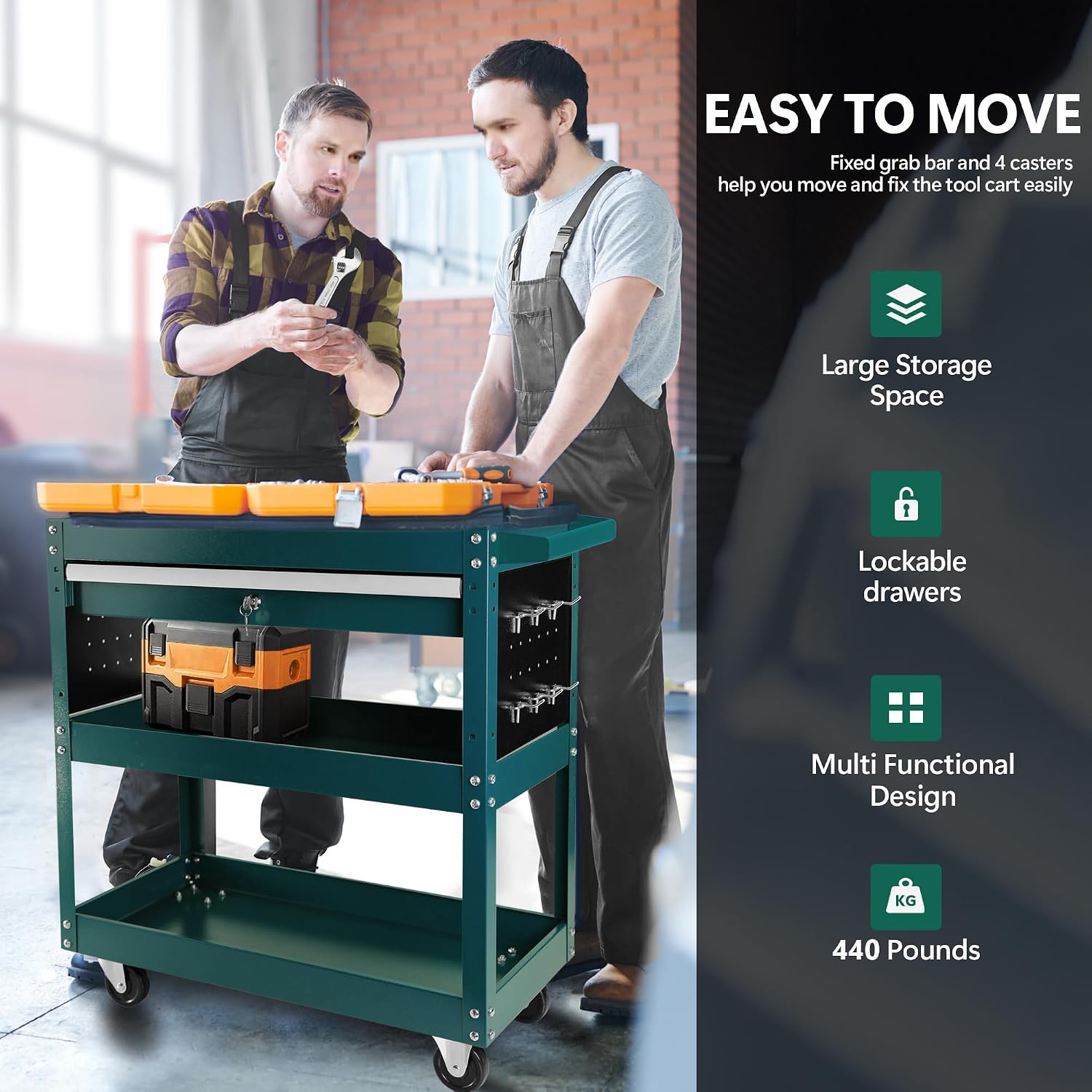 3 Tier Rolling Tool Cart, Heavy Duty Utility Cart Tool Organizer with Storage Drawer, Industrial Commercial Service Tool Cart for Mechanics, Garage, Warehouse & Repair Shop