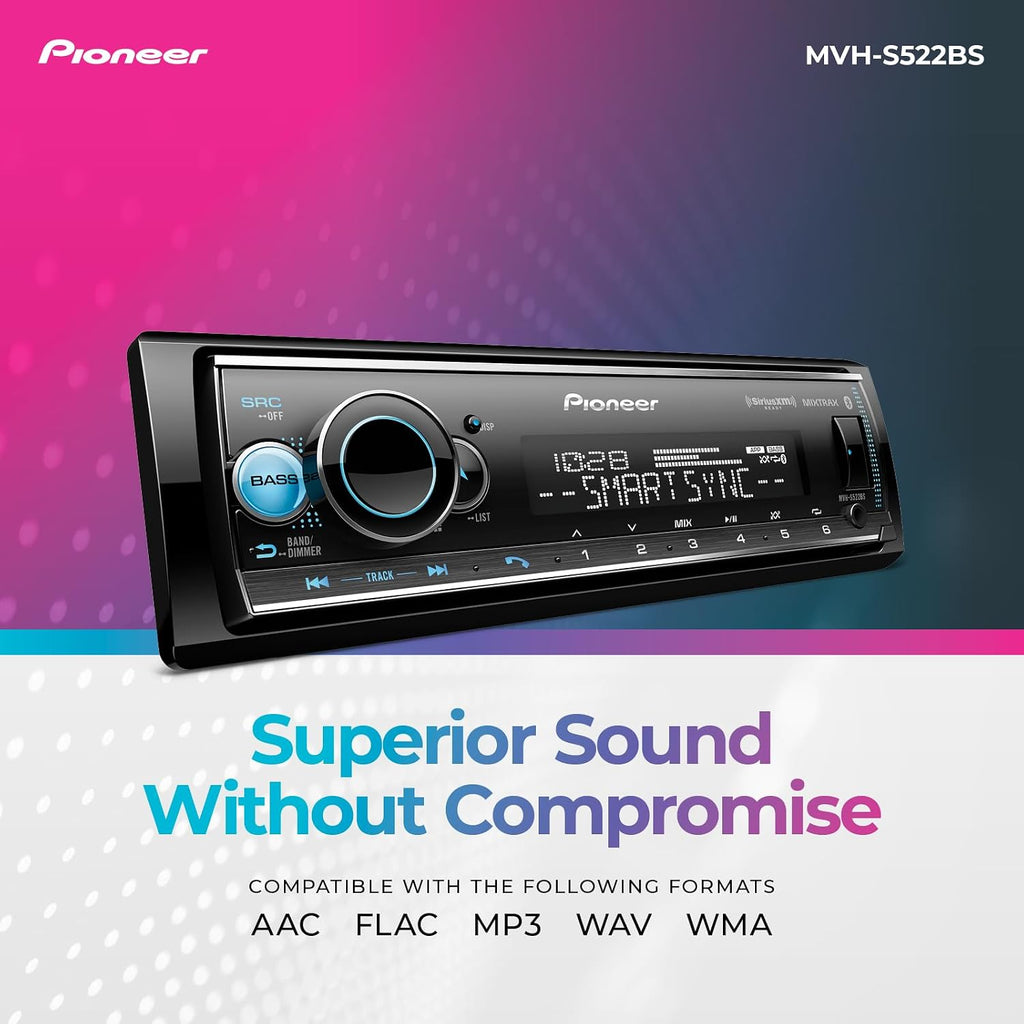 Pioneer MVH-S522BS 1-Din Digital Media Receiver – Bluetooth, SiriusXM, Color Change, USB, FLAC, Voice Control, 50W x 4 Output, 13-Band EQ, AM/FM Radio, iPhone/Android Compatible, Hi-Volt RCA Preouts