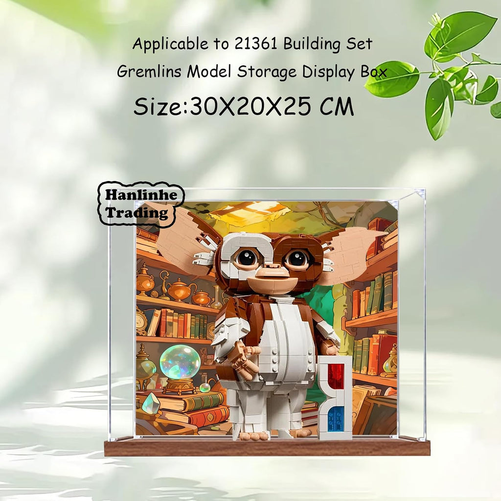 Acrylic Display Case for Lego 21361 Gremlins Building Set– Dustproof Display Box & Showcase, Display Box Compatible with Lego 21361 -Only Display case (Back Spray 1) (Back Spray Wooden Base 2)