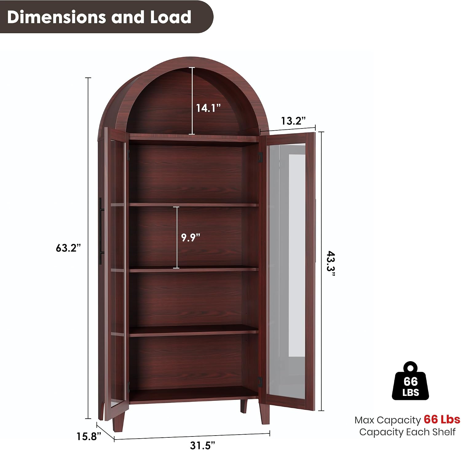 IDEALHOUSE Arched Kitchen Pantry Storage Cabinet - Farmhouse 5-Tier Display Shelf with 2 Large Glass Doors and Adjustable Shelf, Versatile Cupboard for Kitchen, Dining Room, Living Room, Walnut