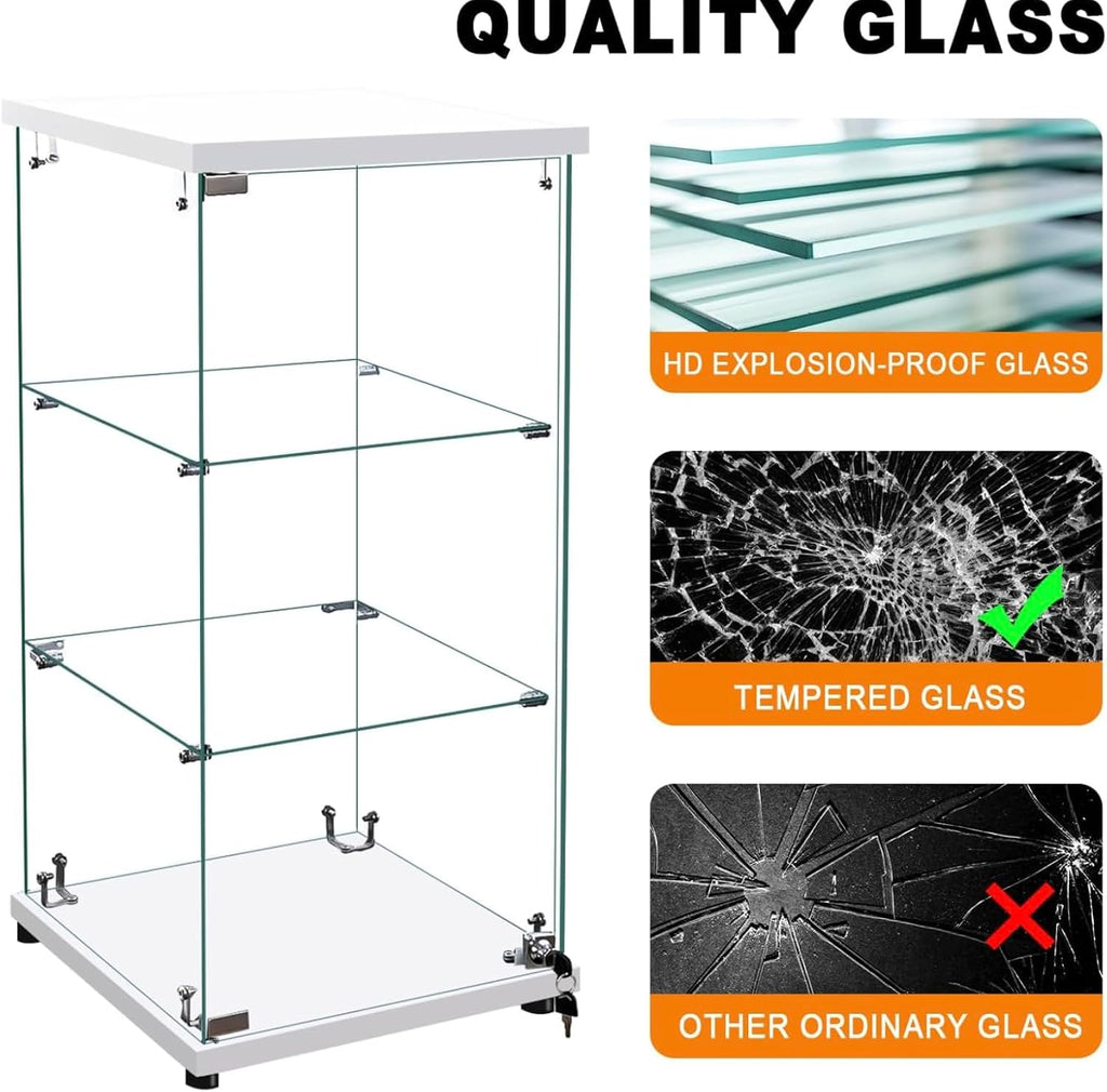 WISDOMFUR 16''x 63'' Frameless Glass Display Cabinet Showcase Glass Cube with Lock, Tempered Glass 4 Shelf Single Door, MDF Base - White & Black (Black), CT1660