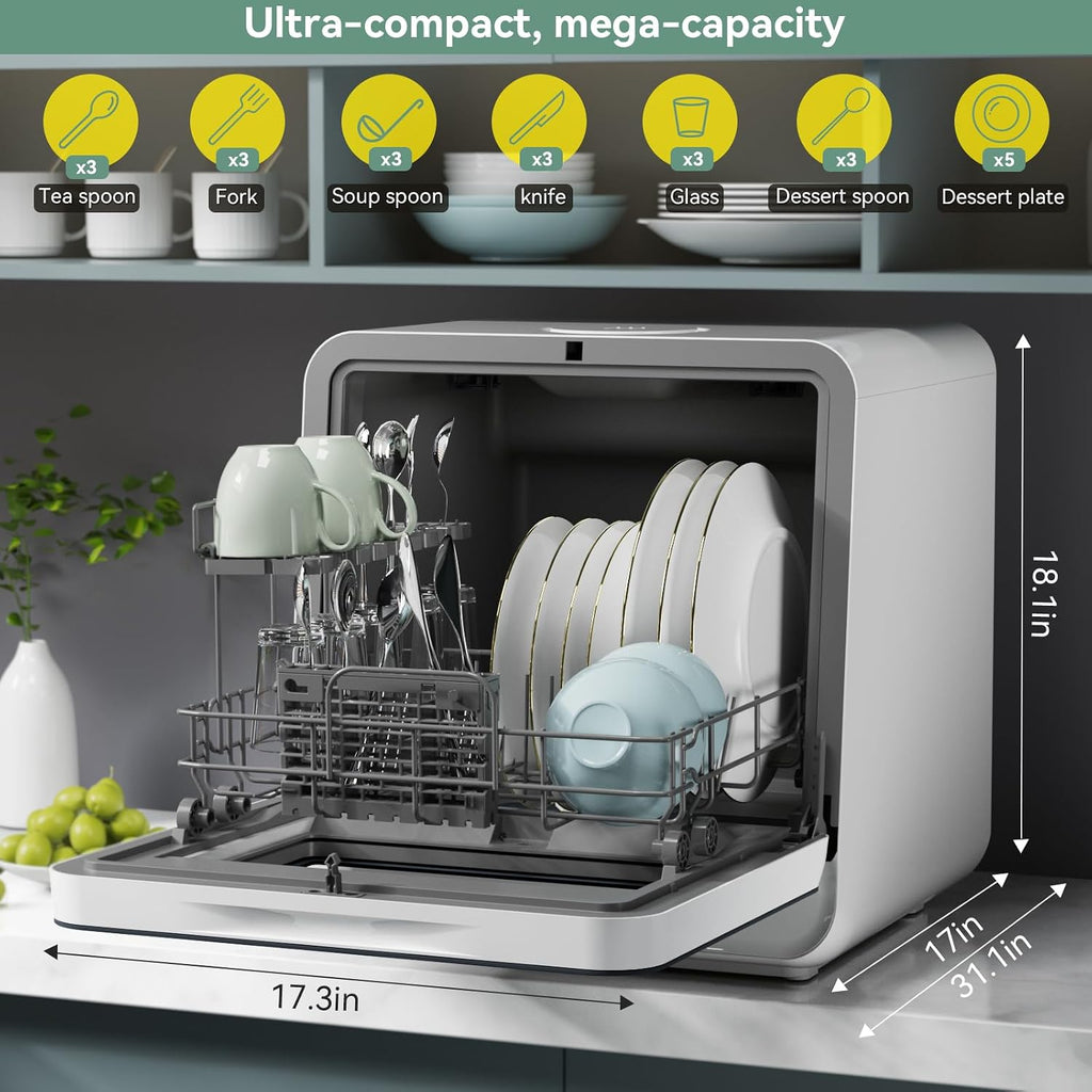 Hermitlux Countertop Dishwasher, Energy Star Portable Dishwashers Mini with 5 Place Settings, 8 Washing Programs & Color Screen, 5-Liter Built-in Water Tank for Apartments & RVs, No Hookup Needed