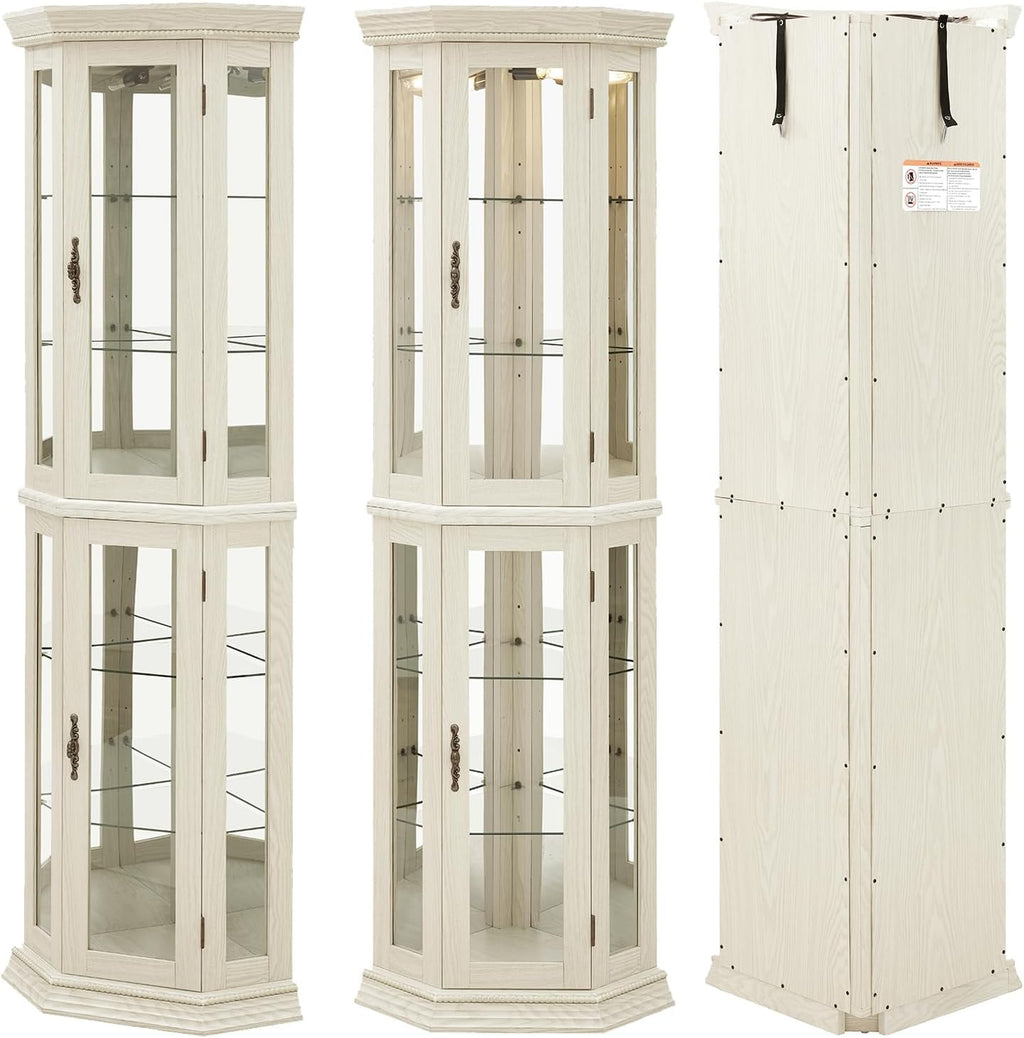 69'H Lighted Corner Display Cabinet, 6-Tier Wooden Curio Glass Cabinet with Adjustable Shelves & Glass Door, Corner Storage Display Case with Mirrored Back Pane for Living Room (Antique White)