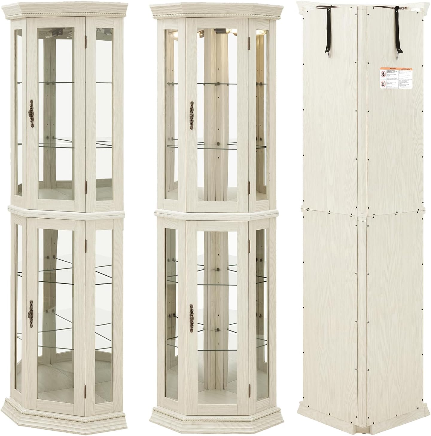 69'H Lighted Corner Display Cabinet, 6-Tier Wooden Curio Glass Cabinet with Adjustable Shelves & Glass Door, Corner Storage Display Case with Mirrored Back Pane for Living Room (Antique White)