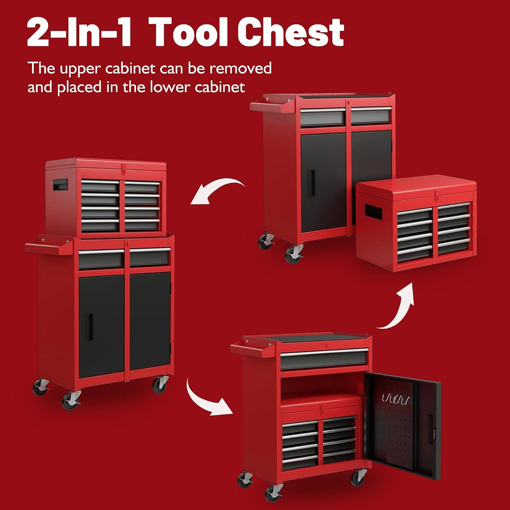 5-Drawers Large Tool Chest Tool Box Organizer with Lockable, 2-In-1 Detachable Tool Storage Cabinet with Wheels, Portable Expandable Tool Cart Toolbox with Drawers for Garage, Workstation, Workshop