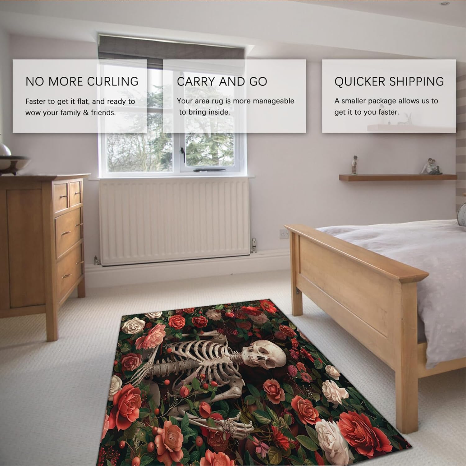 Skull and Flowers Area Rug 5'x8' - Rose Garden Doormat for Living Room Modern Floral Easy 5'x8' -Cleaning Carpet for Sofa Coffee Tables