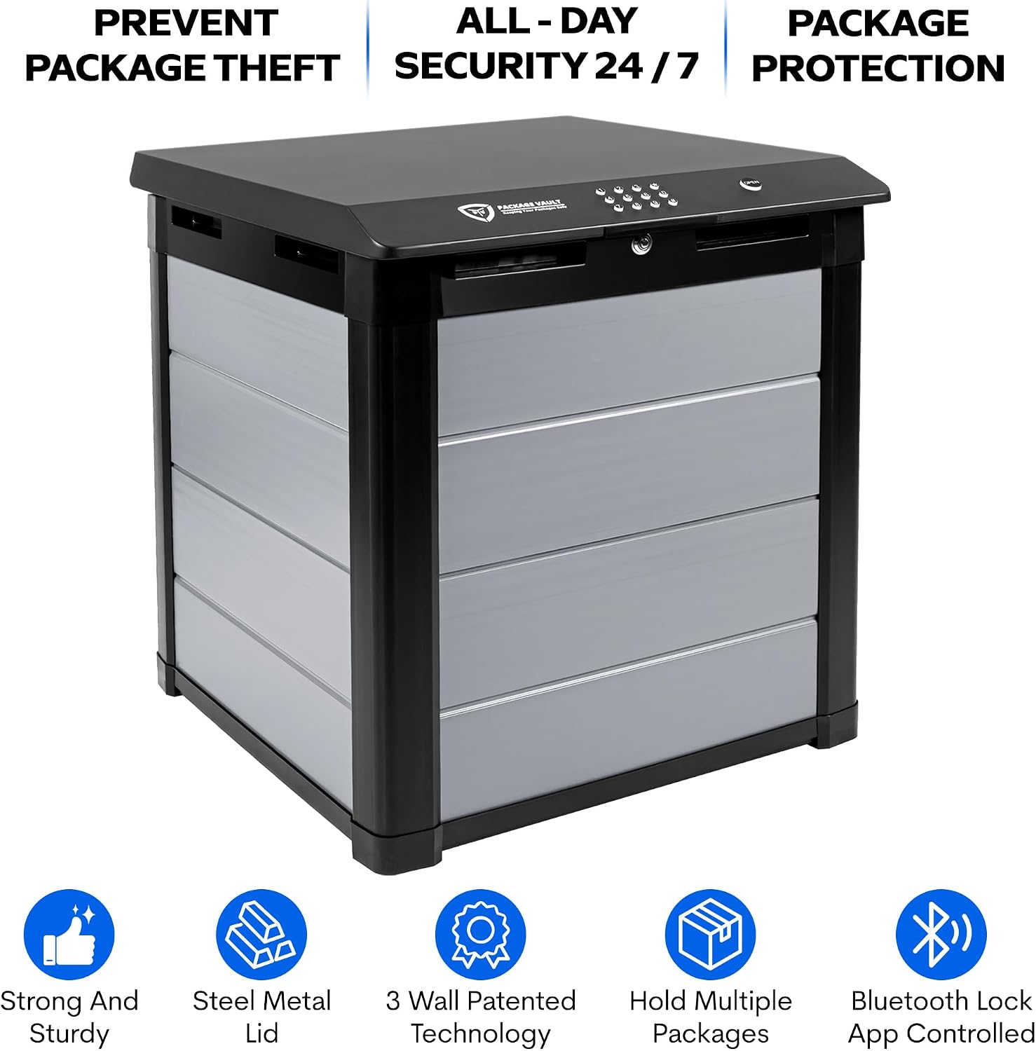 Package Vault- Robust Large Smart Delivery Lock Box 'Package Theft Prevention' with a Smart Bluetooth Lock, Great for Outdoor Patios and Porches to Keep Your Packages and Deliveries Safe