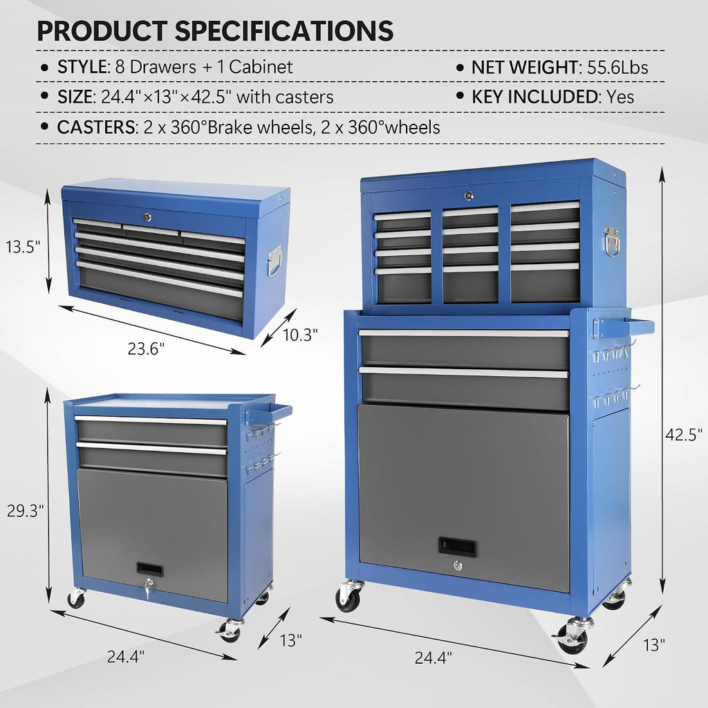 Rolling Tool Chest with Wheels 8 Drawers, Assembled Tool Cabinet Combo with Drawers, Detachable Organizer Tool Chests, Mobile Lockable Tool Box for Workshop Mechanics Garage