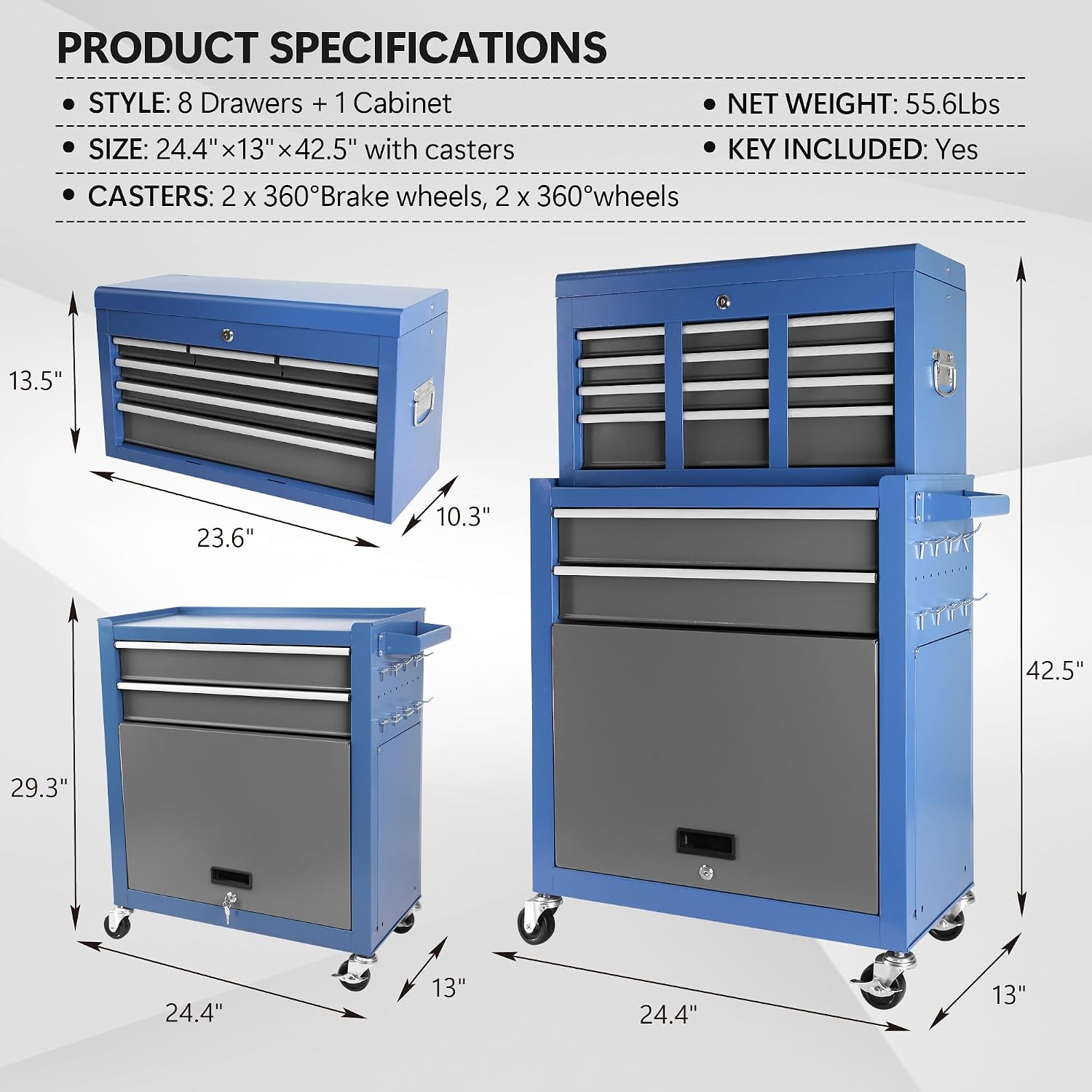 Rolling Tool Chest with Wheels 8 Drawers, Assembled Tool Cabinet Combo with Drawers, Detachable Organizer Tool Chests, Mobile Lockable Tool Box for Workshop Mechanics Garage