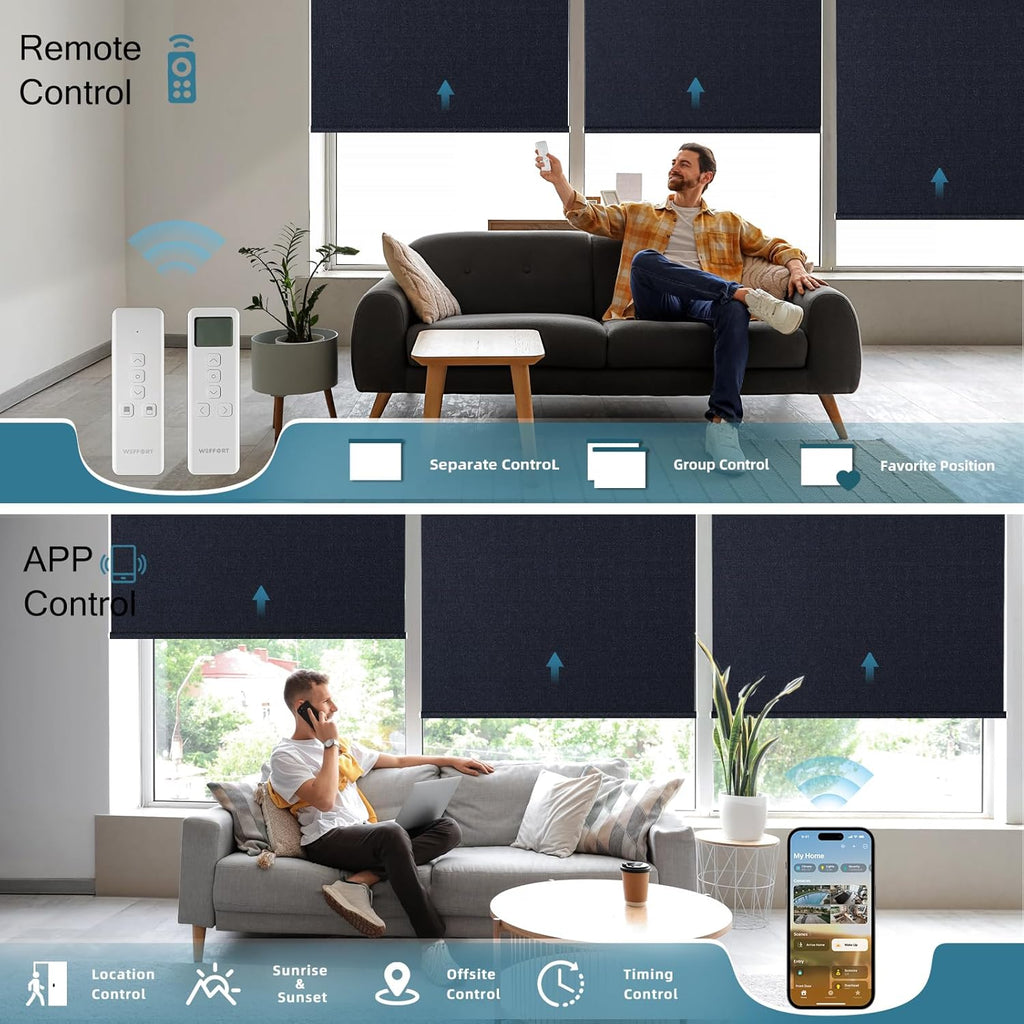 Motorized Roller Shade, 100% Blackout Smart Window Blinds Work with Homekit, Alexa, Google Home, Remote Control, Electric Blinds with USB/Solar Pannel,Dark Onyx Black