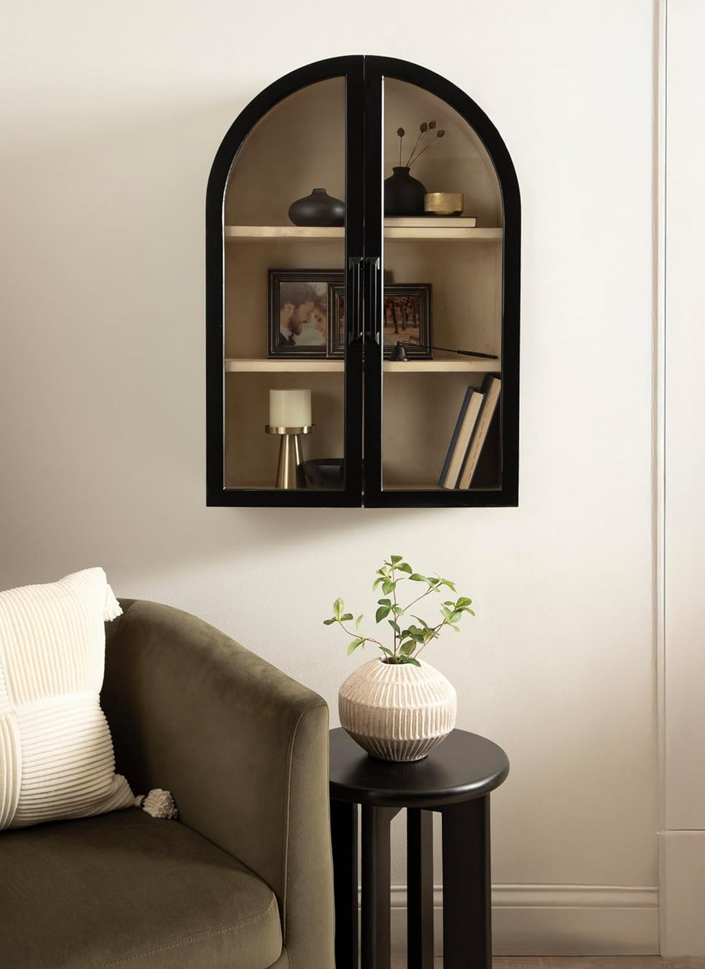 Kate and Laurel Arcott Modern Arch Wall Cabinet; 21 x 8 x 30; Natural Wood and Black; Transitional Arched Cabinet for Use as Over-the-Toilet Storage or Living Room Storage Cabinet