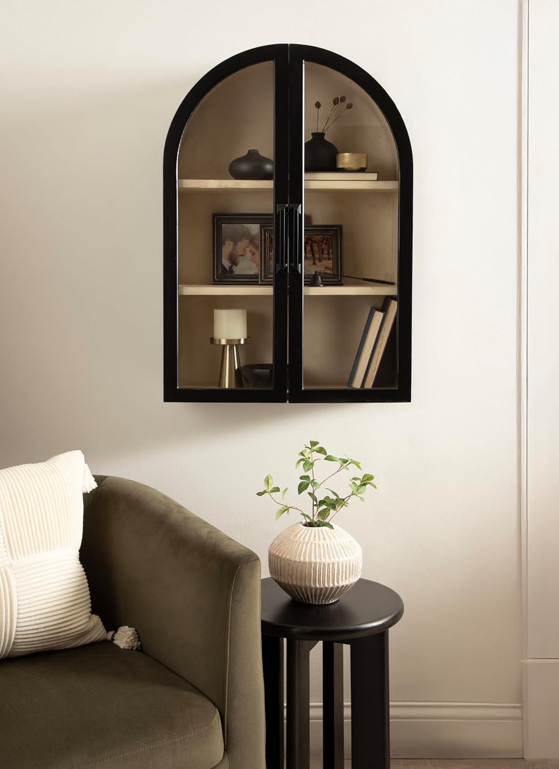 Kate and Laurel Arcott Modern Arch Wall Cabinet; 21 x 8 x 30; Natural Wood and Black; Transitional Arched Cabinet for Use as Over-the-Toilet Storage or Living Room Storage Cabinet