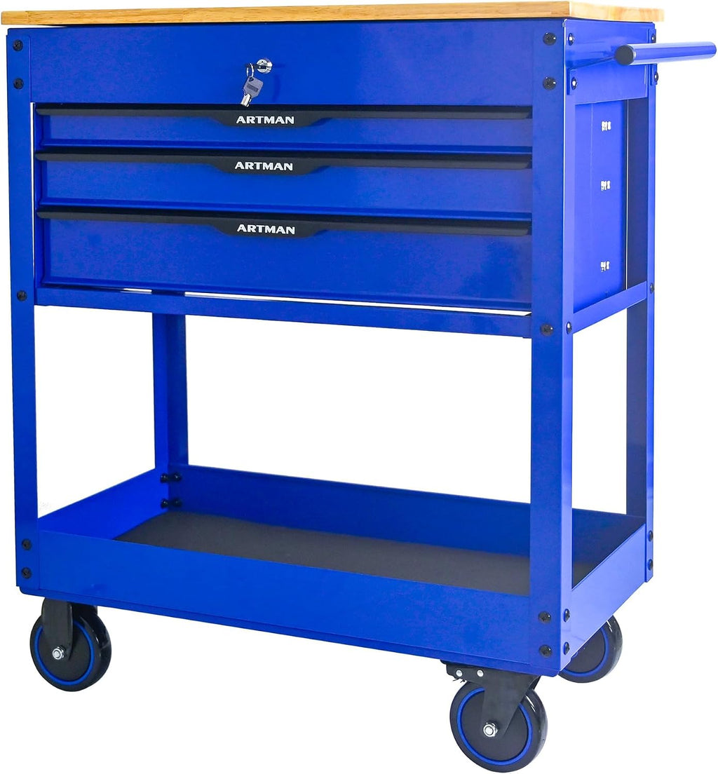 3-Drawer Rolling Tool Cart with Lift-Up Wooden Top, Heavy Duty Mobile Tool Cabinet with Secure Lock and Wheels, Multi-Functional Storage for Garage and Workshop