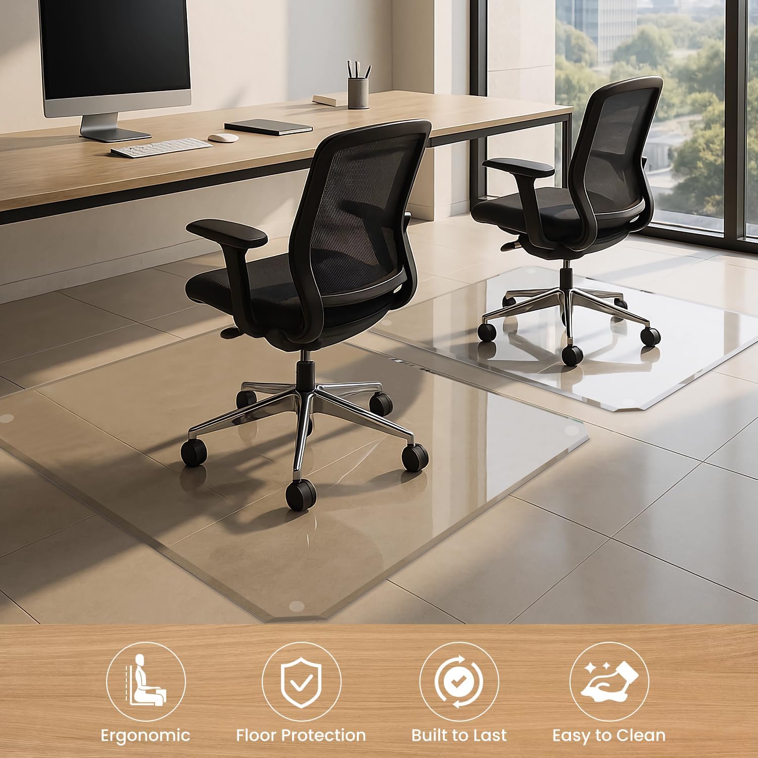 VASUHOME 36'x46' Patented Beveled Edge Glass Chair Mat, Heavy-Duty Office Floor Mat for Hardwood & Carpet, 1/5' Thick, Includes 12 Anti-Slip Pads