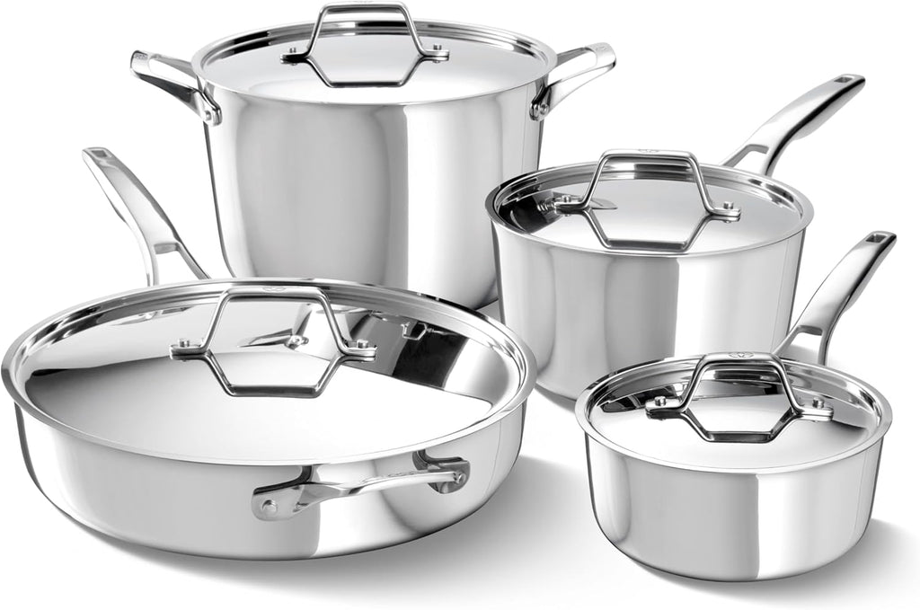 Calphalon Premier Polished 5-Ply Stainless Steel Cookware Set w/Turbo Heat Tech 8 Piece Includes Frying Pans, Pots and Pans Set, Induction, Oven Safe 500F, PFOA Free, Polished Stainless Silver