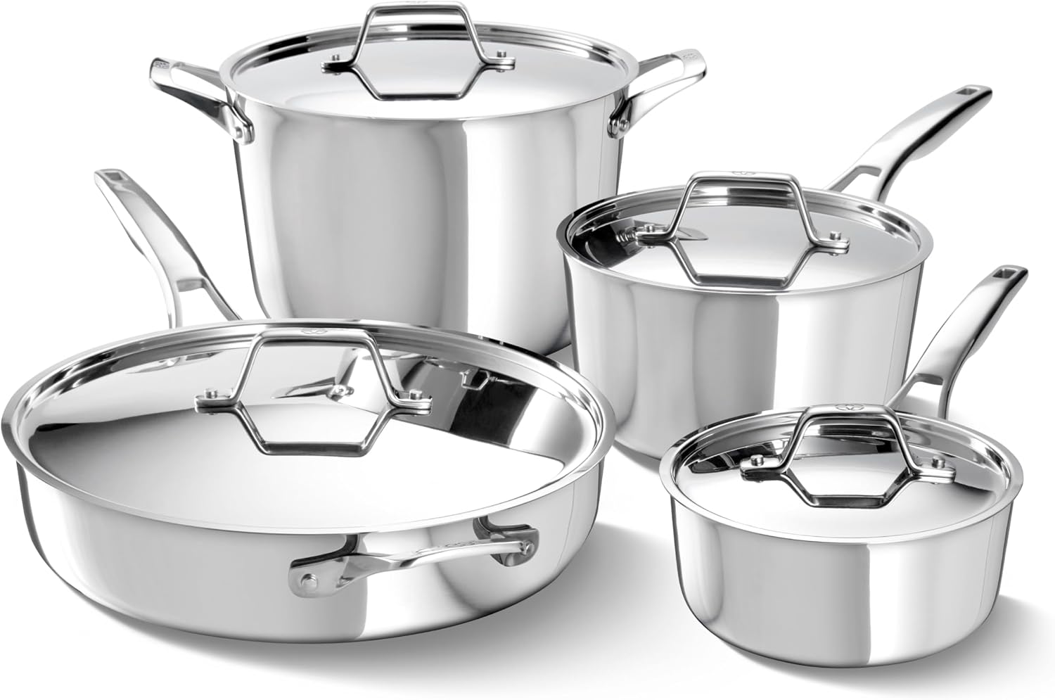 Calphalon Premier Polished 5-Ply Stainless Steel Cookware Set w/Turbo Heat Tech 8 Piece Includes Frying Pans, Pots and Pans Set, Induction, Oven Safe 500F, PFOA Free, Polished Stainless Silver