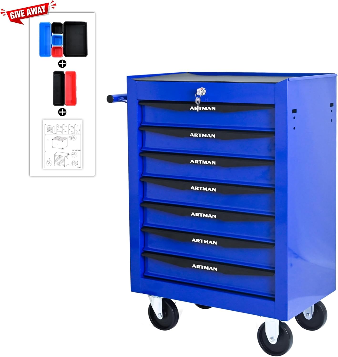 Rolling Tool Chest Cart with 7 Drawers,Storage Tool Cabinet on 4 Wheels. Lockable Tool Cart with Drawer Liners.Steel Tool Box Organizer for Garage,Repair Workshop-Blue