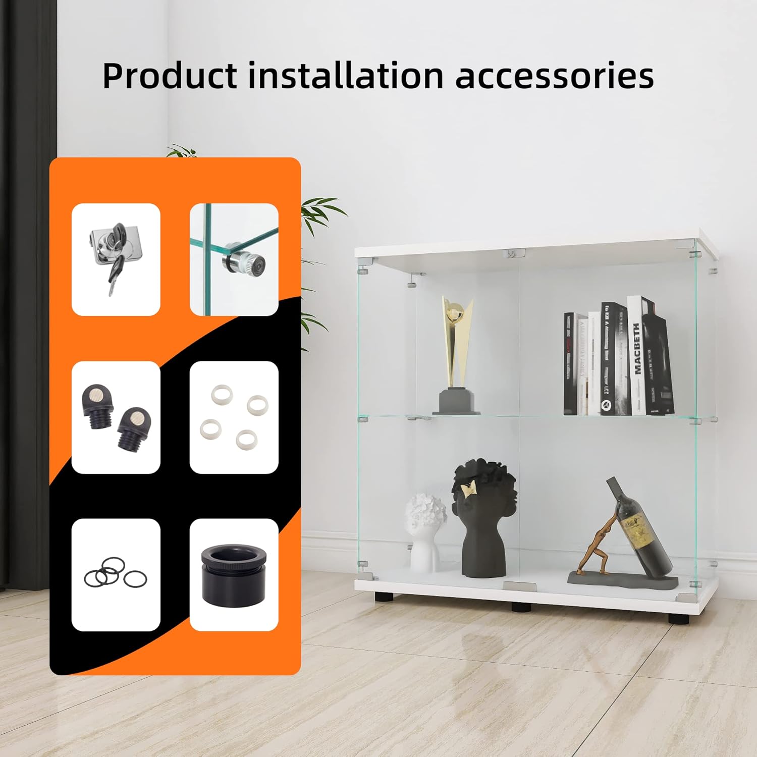 LFT HUIMEI2Y Glass Display Cabinet 2-Shelf with Double Door, Curio Cabinets Fast Installation in 30 Mins, Tempered Glass Floor Standing Bookshelf for Bedroom, Living Room 32.8'x 31.7'x 14.4' White
