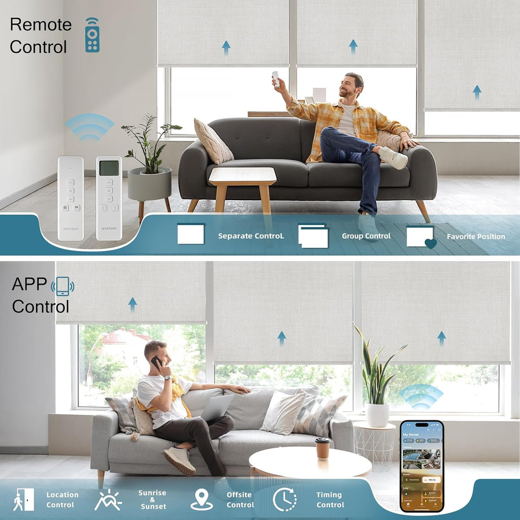 Motorized Roller Shade, 100% Blackout Smart Window Blinds Work with Homekit, Alexa, Google Home, Remote Control, Electric Blinds with USB/Solar Pannel Charging, Gentle White