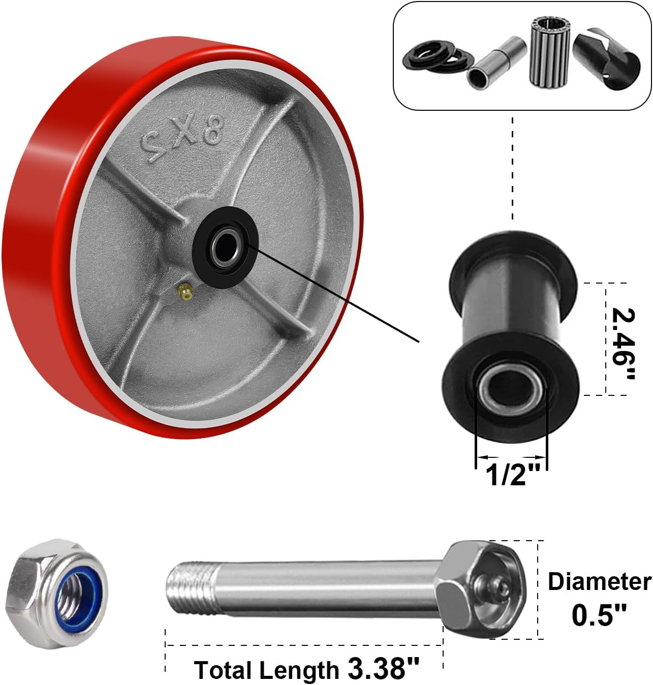 8' x 2' Heavy Duty Caster Wheels, Set of 4, Polyurethane on Cast Iron, 1/2' Bore Axle, 800lbs Load Capacity Each, Roller Bearing, Red
