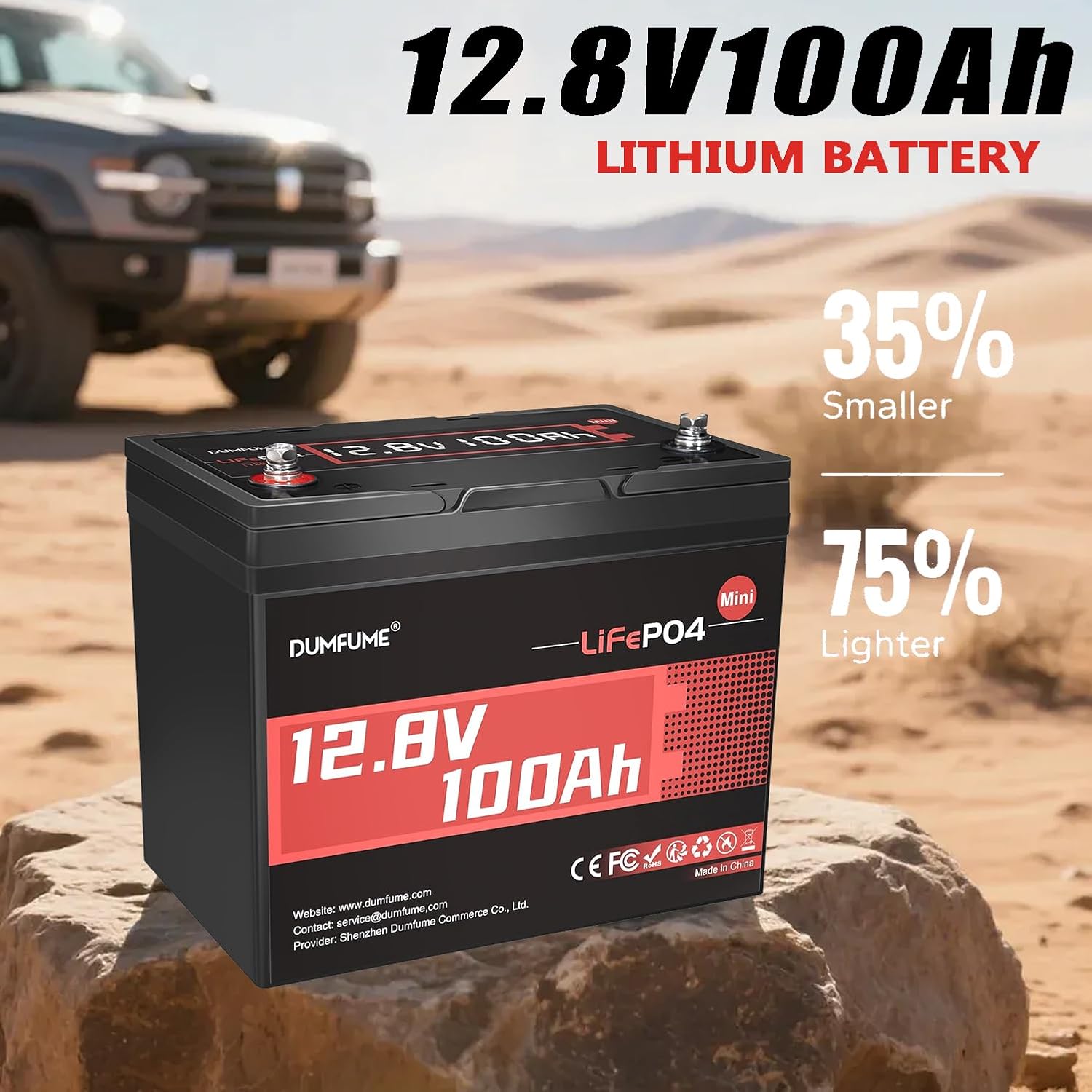 12V 100Ah Mini LiFePO4 Lithium Battery, Built-in 100A BMS,1280Wh Deep Cycle Rechargeable Battery 6000+ Cycles 10-Year Lifespan for RV, Solar, Off-Grid and Home Energy Storage
