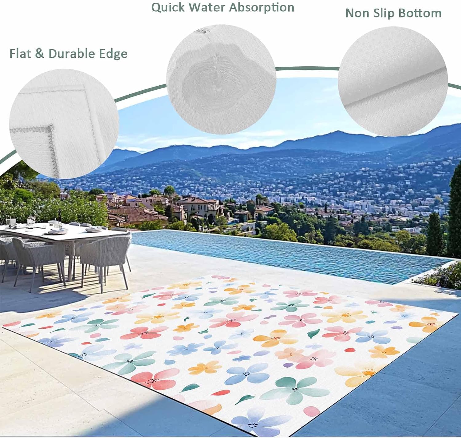 Outdoor Rug 4x6ft Spring Watercolor Pink Blue Flowers Patio Area Rugs Waterproof Easy Cleaning Non Shedding Thick Mats Floral Carpet for Indoor Outdoor Porch Deck Backyard Balcony