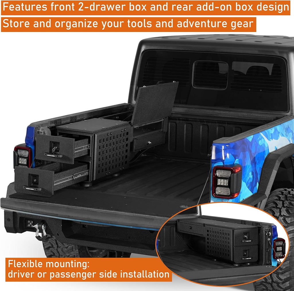 Hooke Road Truck Bed Wheel Well Tool Box with MOLLE Panel for Jeep Gladiator JT, Toyota Tacoma, Chevy Colorado & GMC Canyon 5'2' Bed, Solid Steel Storage Box with Drawer and Lock Keys