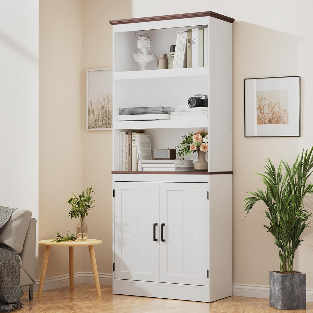 MHOM 71' Tall Bookshelf with Doors, 5 Tiers Farmhouse Bookcase with Adjustable Shelves, Wooden Rustic Display Cabinet for Home Office, Living Room, White