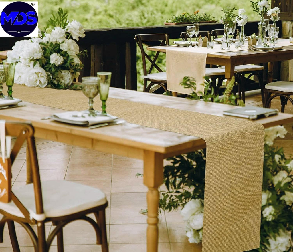 MDS 50 Pack Wedding Natural Burlap Table Runners 12 x 108 Inch Rustic Farmhouse Jute Country Vintage Runner for Wedding and Home Decor, Table Decorations, Party, BBQ's & Outdoor Tables- Natural