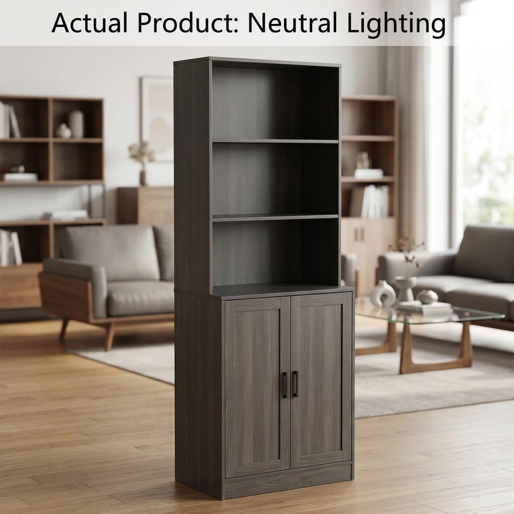 holzart 75' Tall Bookcase with Doors, 5 Tier Large Bookshelf with Cabinet, Standing Wood Display Book Shelf for Living Room, Office, Library with Doors, Dark Grey