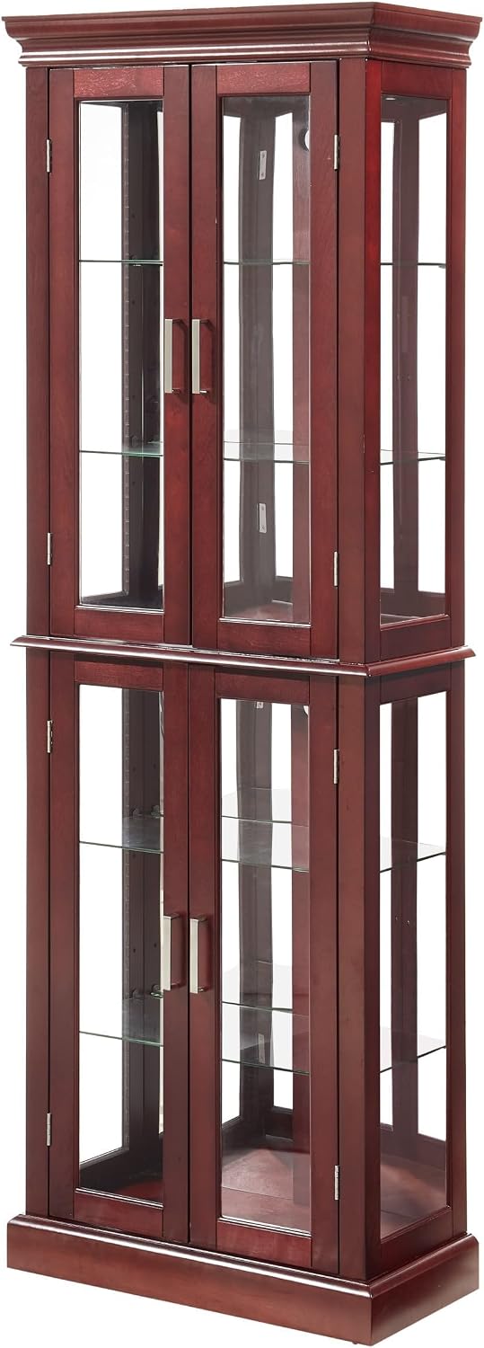 Lighted Curio Cabinet 70' Glass Display Case with Adjustable Shelves Vintage, Wooden Wine Bar Cabinet with 6 Shelves for Living Room Liquor Storage(E26 Light Bulb not Included) (Cherry)