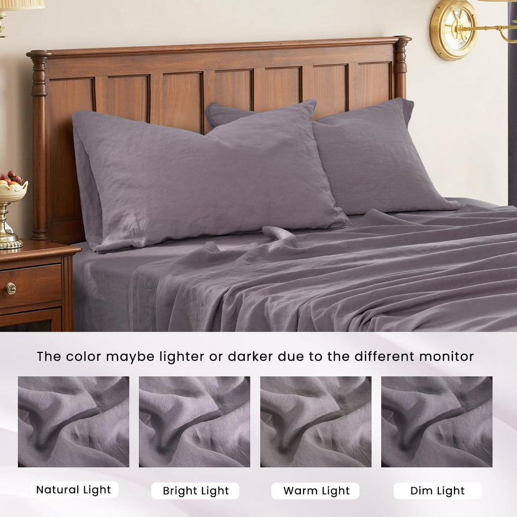 S VICTORY SYMBOL 100% Organic Linen Sheets Set Queen Size,Washed French Flax Bed Sheets 4 Pieces(2 Pillowcases,1 Fitted Sheet,1 Flat Sheet) Dusty Purple,Natural Linen Bedding