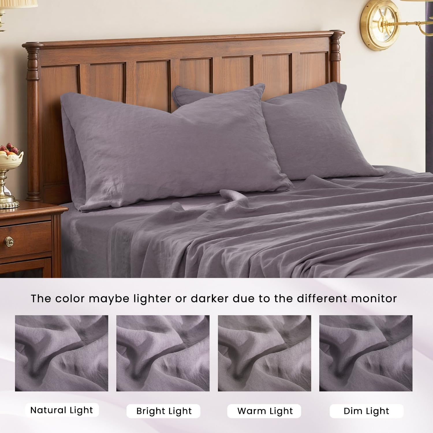 S VICTORY SYMBOL 100% Organic Linen Sheets Set Queen Size,Washed French Flax Bed Sheets 4 Pieces(2 Pillowcases,1 Fitted Sheet,1 Flat Sheet) Dusty Purple,Natural Linen Bedding